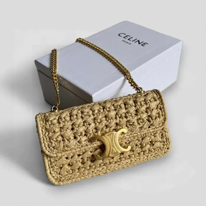 Celine - Bolso de hombro Claude con cadena, de rafia con efecto trenzado