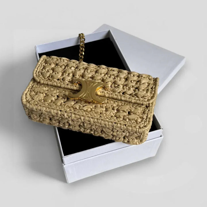 Celine - Bolso de hombro Claude con cadena, de rafia con efecto trenzado